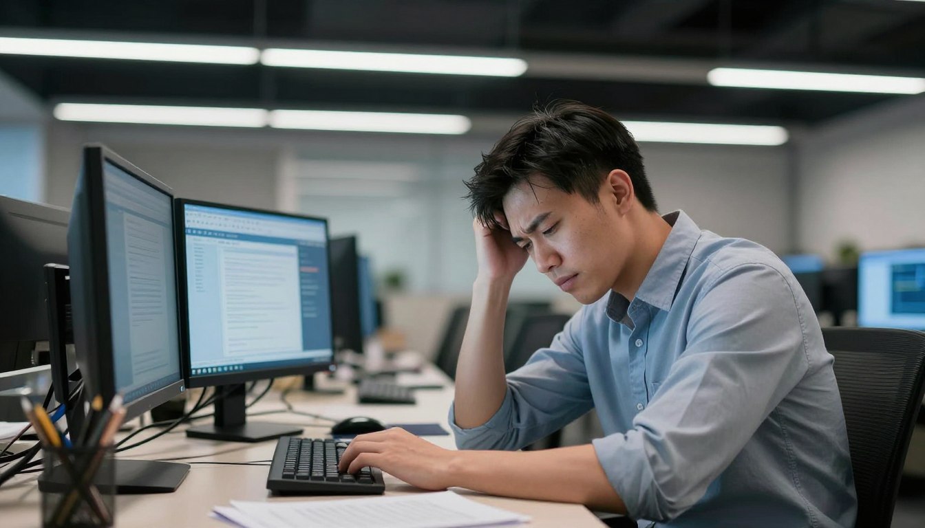 Stressed professional working long hours at a desk in Singapore