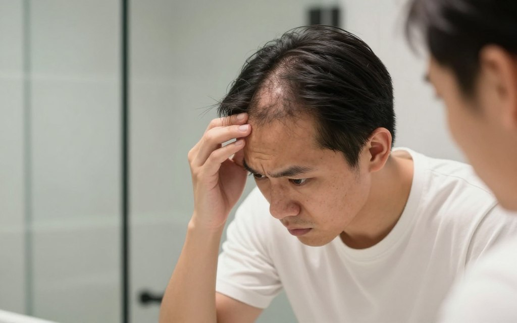 Young Singaporean checking thinning hair in the mirror
